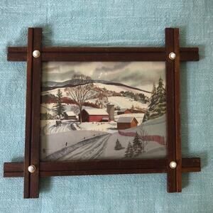 Vintage Rural Winter Scene Wall Art in Wooden Frame w/ Porcelain Buttons